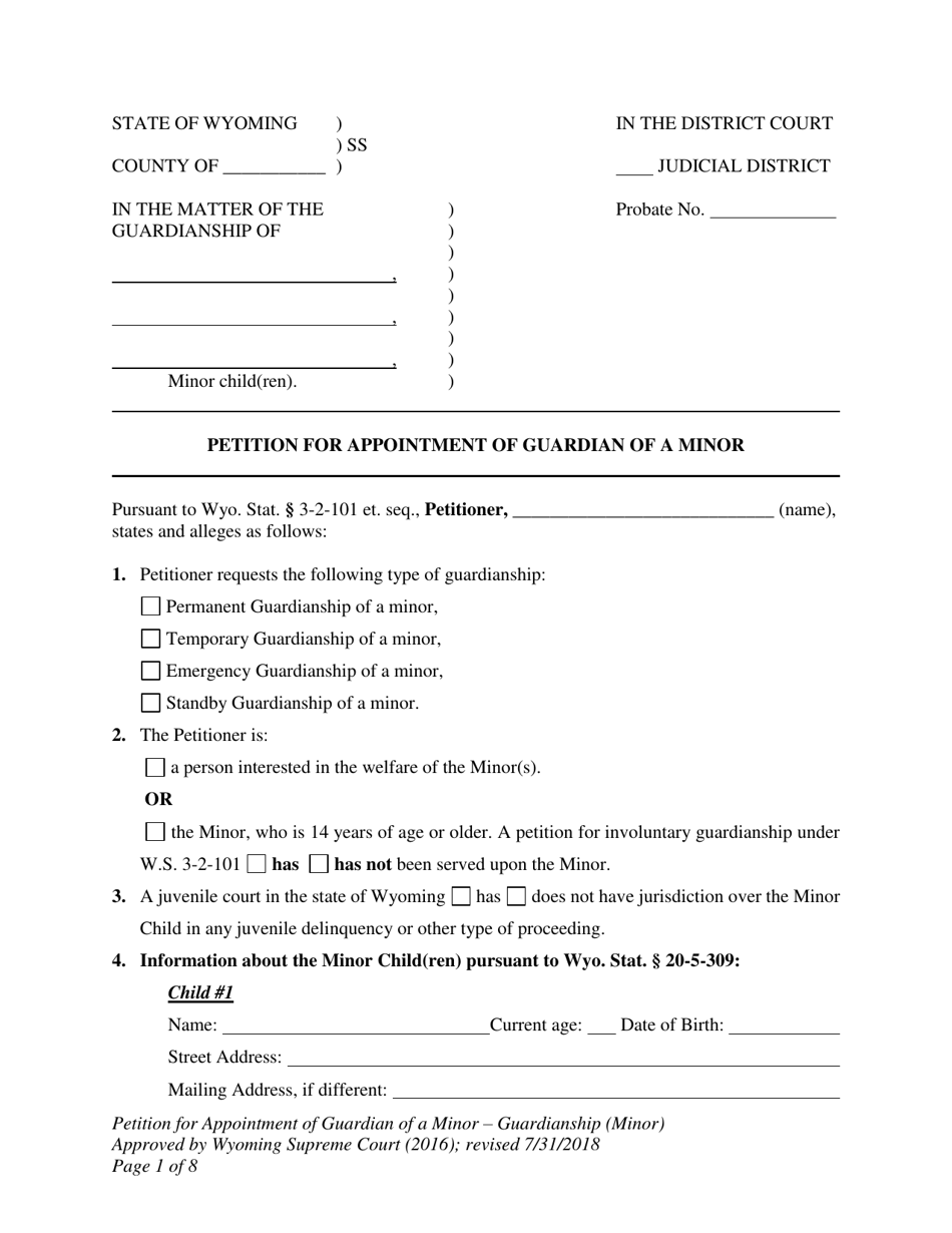 Petition for Appointment of Guardian of a Minor - Guardianship (Minor) - Wyoming, Page 1
