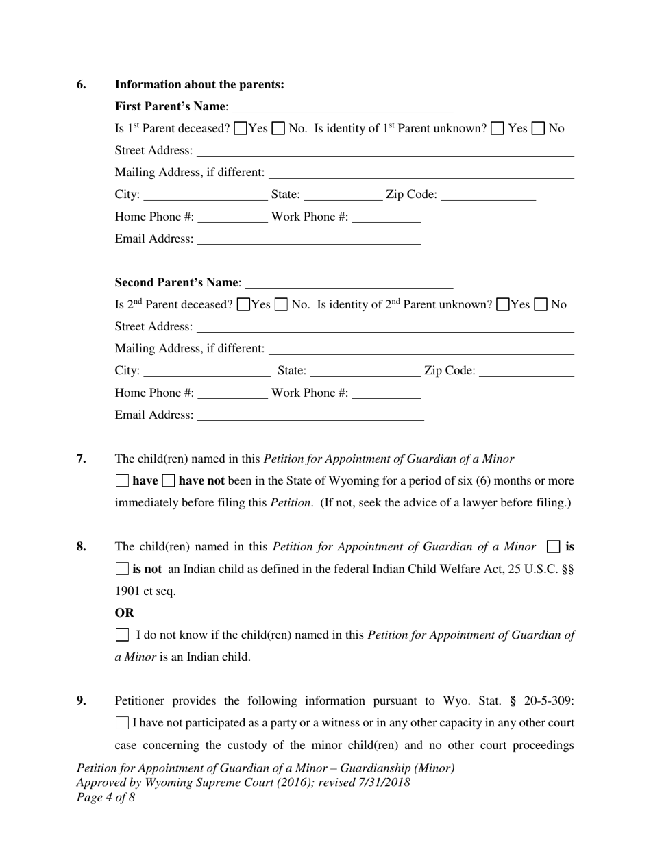 Petition for Appointment of Guardian of a Minor - Guardianship (Minor) - Wyoming, Page 4