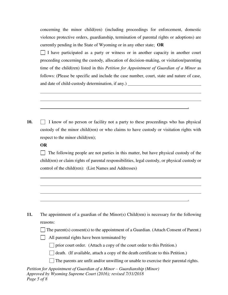 Petition for Appointment of Guardian of a Minor - Guardianship (Minor) - Wyoming, Page 5