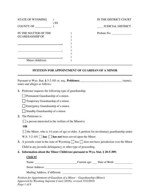 Petition for Appointment of Guardian of a Minor - Guardianship (Minor) - Wyoming Download Pdf