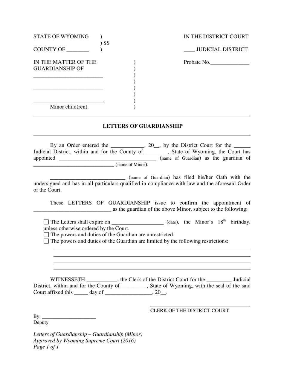 Letters of Guardianship - Guardianship (Minor) - Wyoming, Page 1
