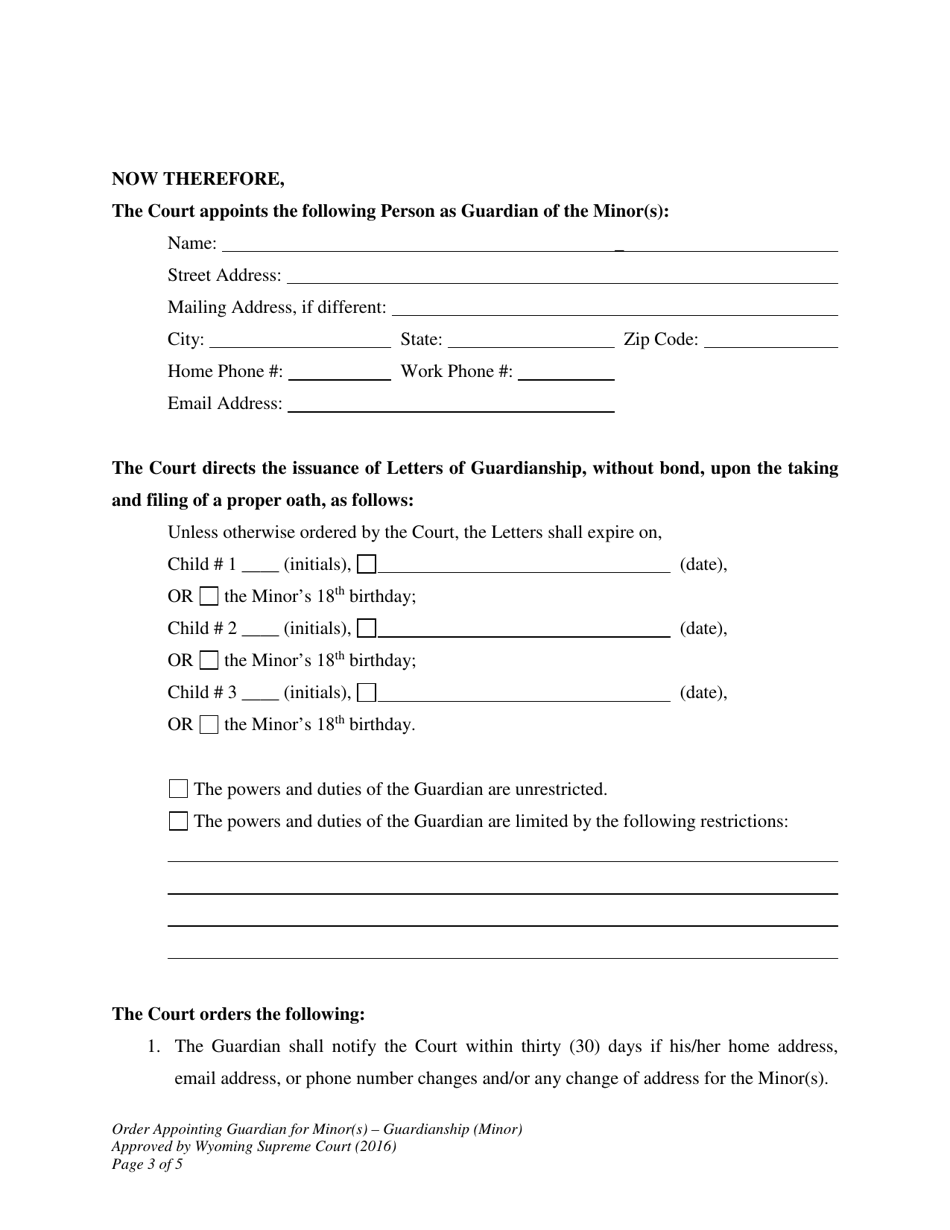 Order Appointing Guardian for Minor(S) - Wyoming, Page 3