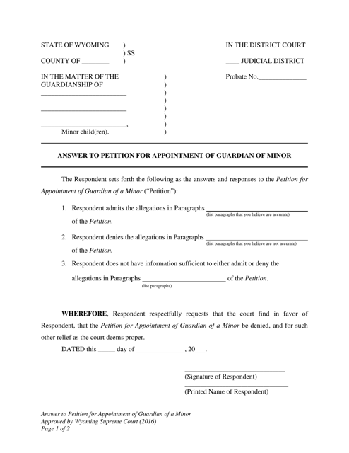 Answer to Petition for Appointment of Guardian of a Minor - Wyoming Download Pdf
