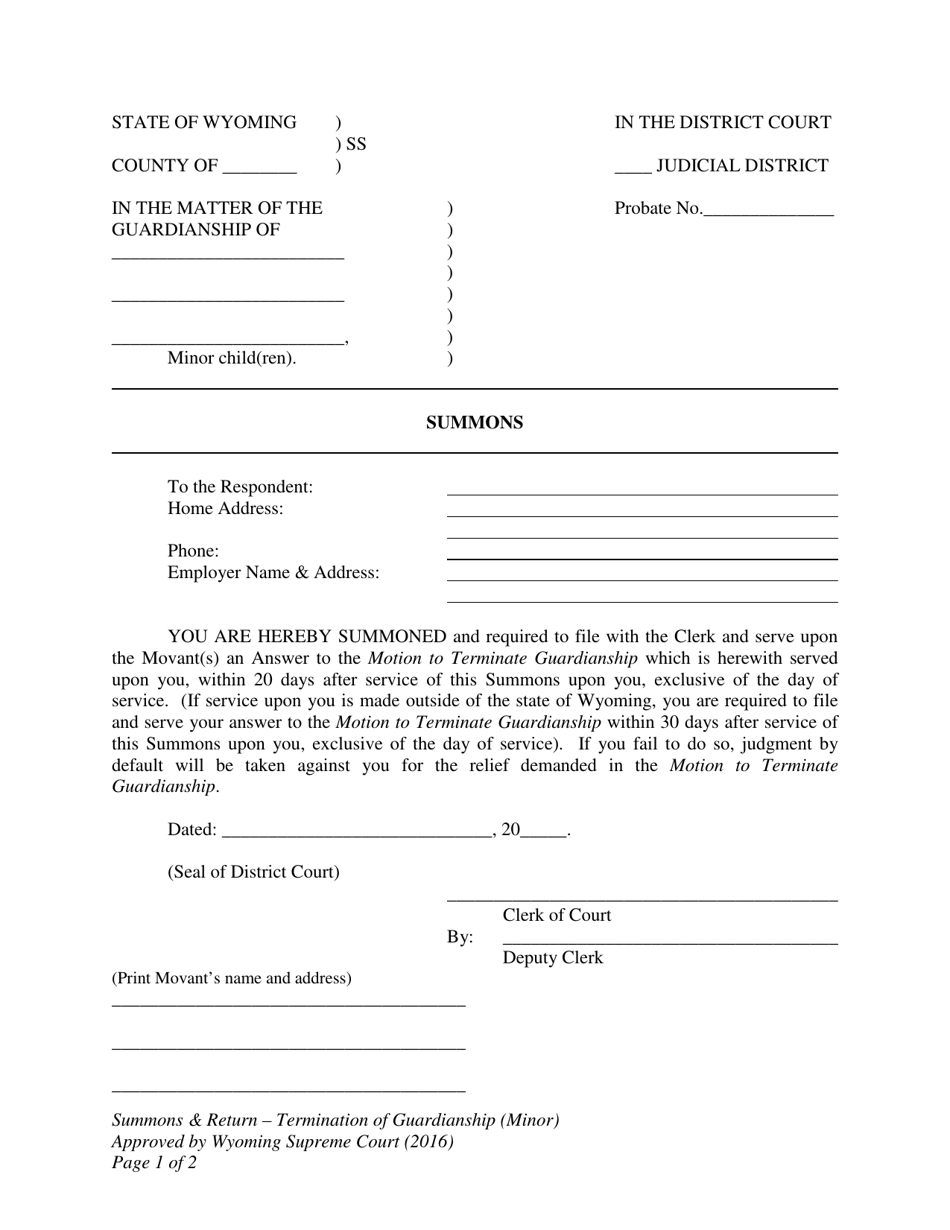 Summons and Return - Termination of Guardianship (Minor) - Wyoming, Page 1