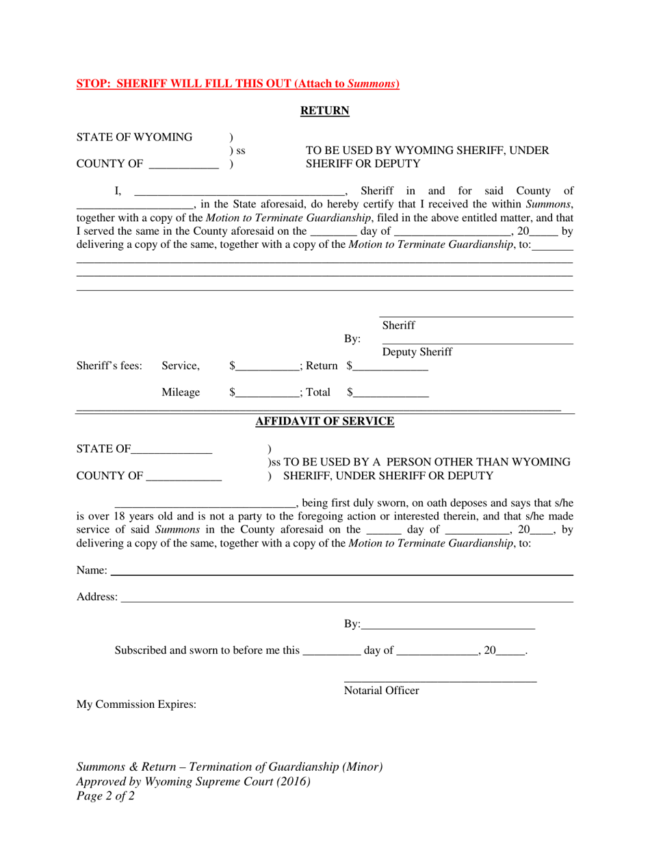 Summons and Return - Termination of Guardianship (Minor) - Wyoming, Page 2