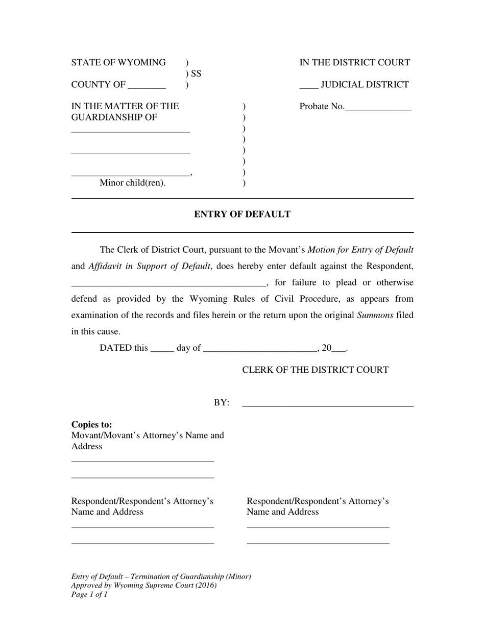 Entry of Default - Termination of Guardianship (Minor) - Wyoming, Page 1