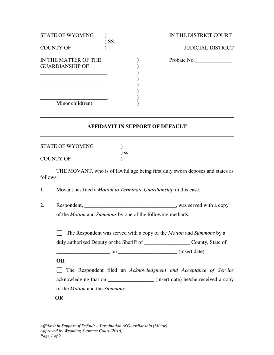 Affidavit in Support of Default - Termination of Guardianship (Minor) - Wyoming, Page 1