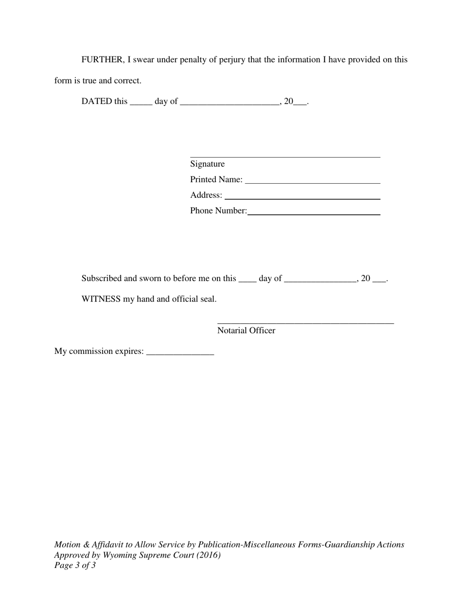 Motion  Affidavit to Allow Service by Publication - Miscellaneous Forms for Guardianship Actions - Wyoming, Page 3