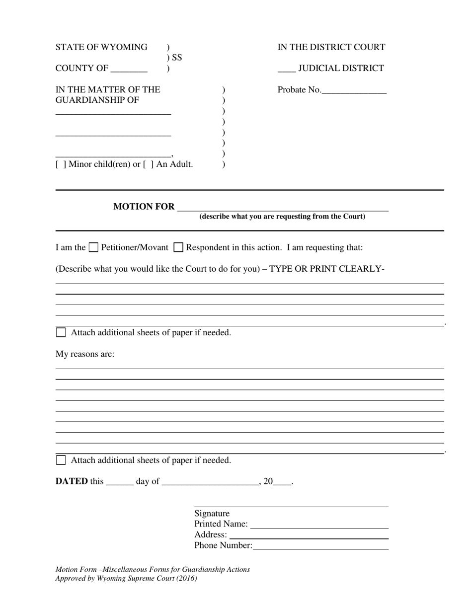 Motion Form - Miscellaneous Forms for Guardianship Actions - Wyoming, Page 1