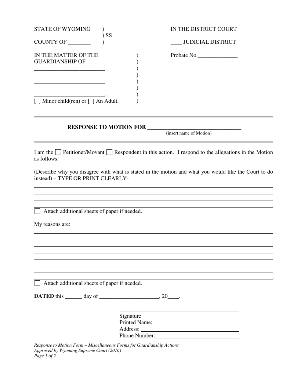 Response to Motion - Miscellaneous Forms for Guardianship Actions - Wyoming, Page 1