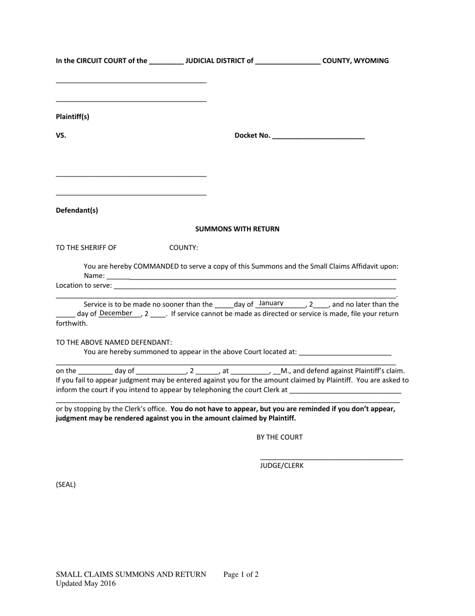 Small Claims Summons and Return - Wyoming, Page 1