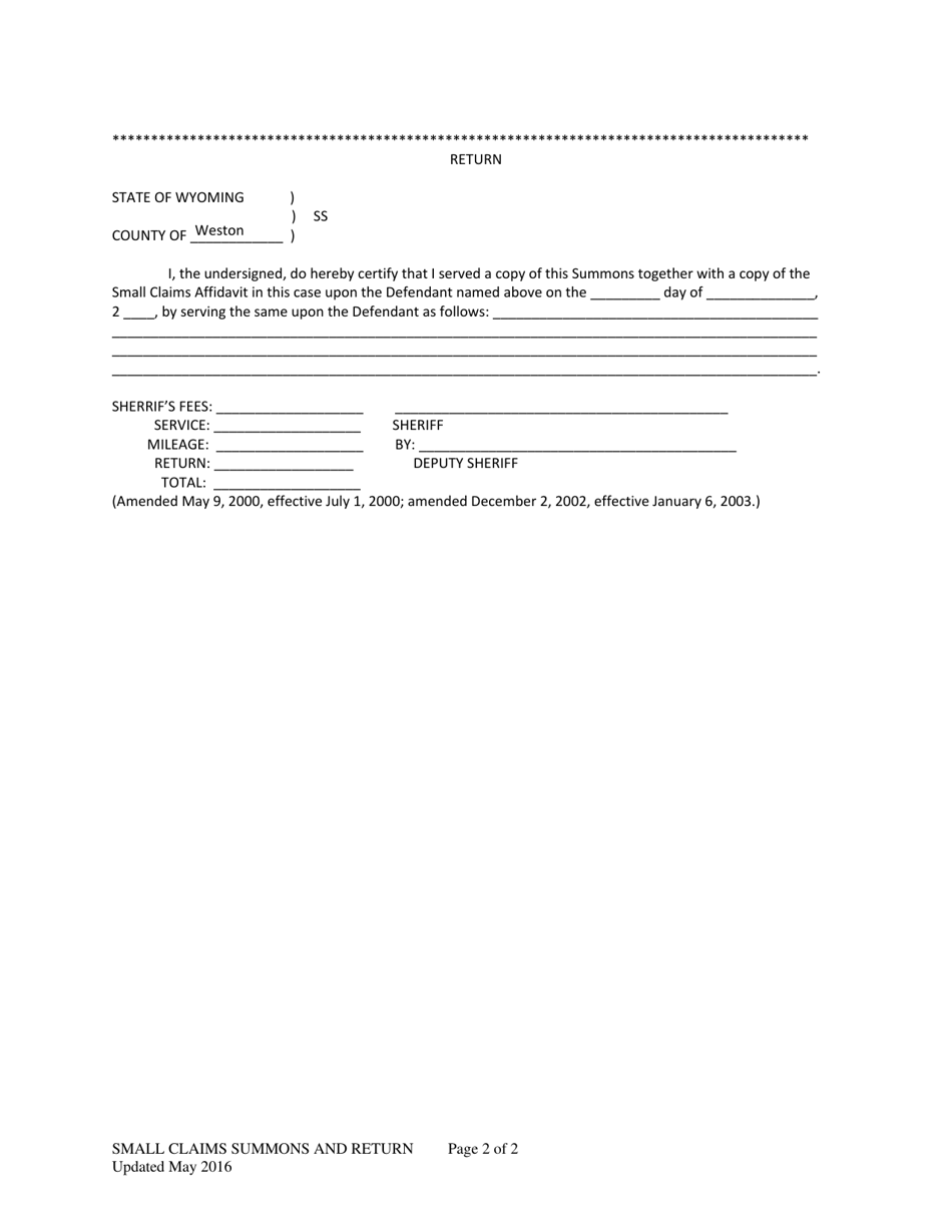 Wyoming Small Claims Summons and Return - Fill Out, Sign Online and ...