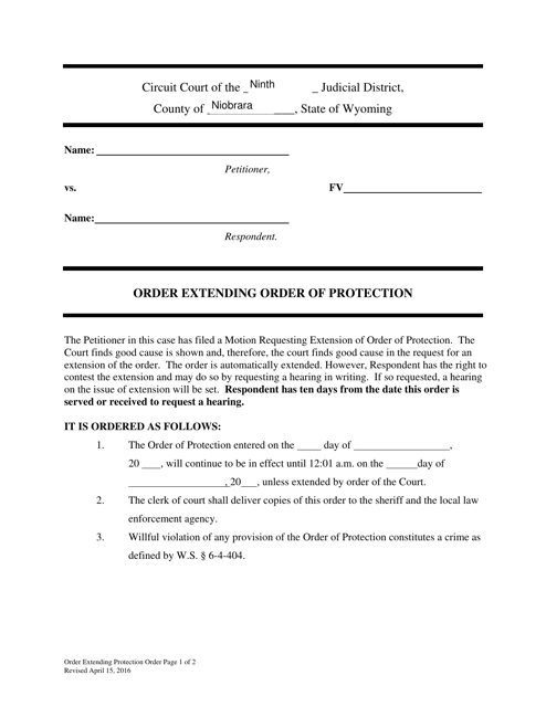 Order Extending Order of Protection - Wyoming Download Pdf