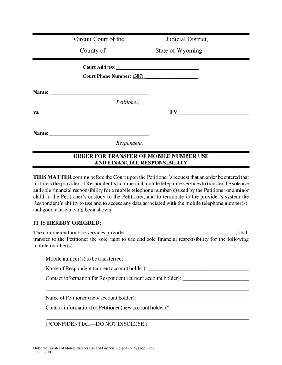 Order for Transfer of Mobile Number Use and Financial Responsibility - Wyoming, Page 1
