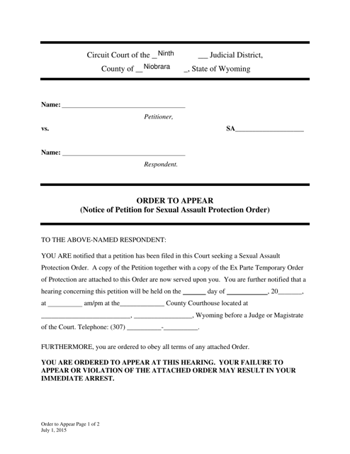 Order to Appear (Notice of Petition for Sexual Assault Protection Order) - Wyoming Download Pdf