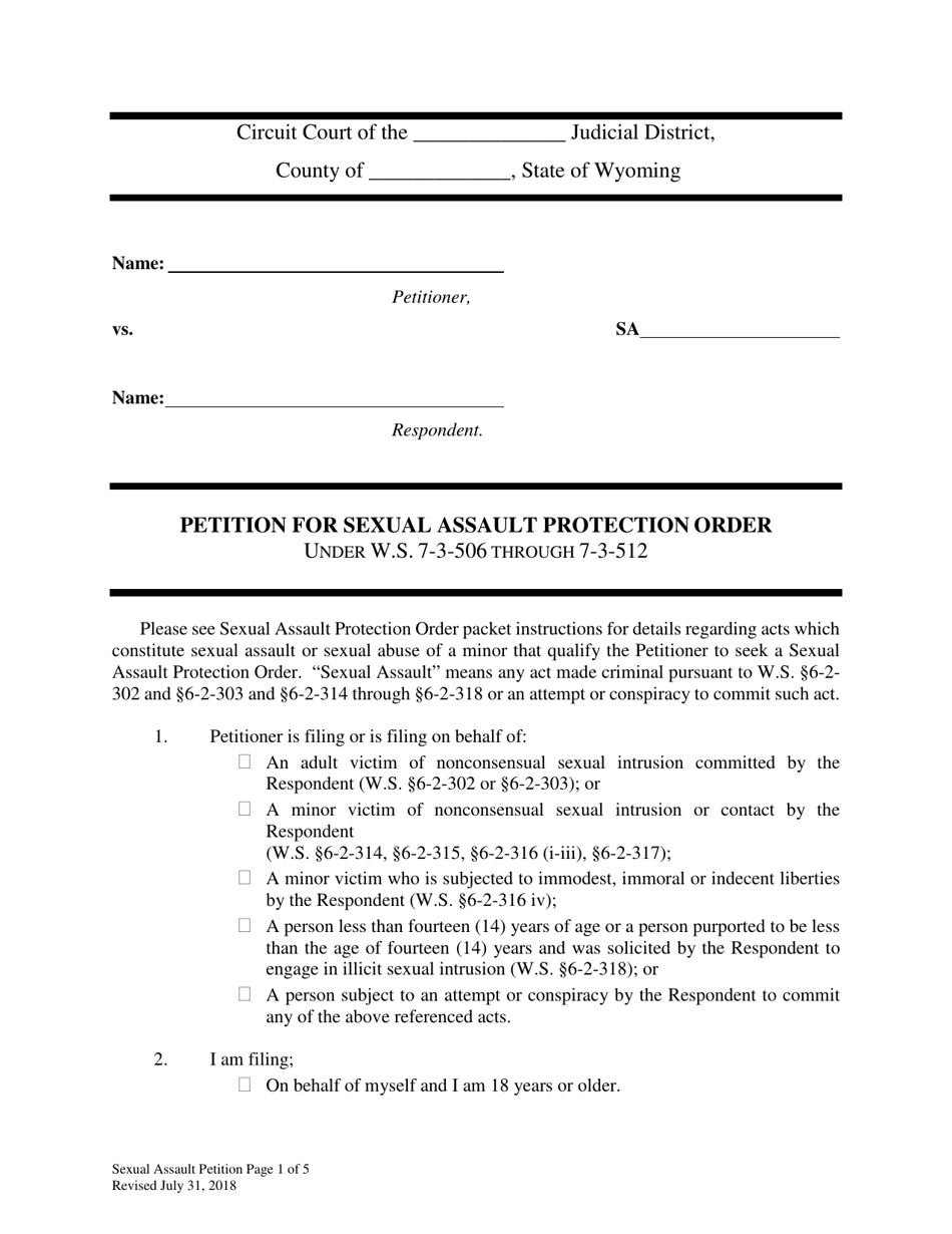 Petition for Sexual Assault Protection Order - Wyoming, Page 1