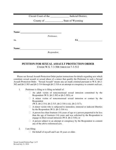 Petition for Sexual Assault Protection Order - Wyoming Download Pdf
