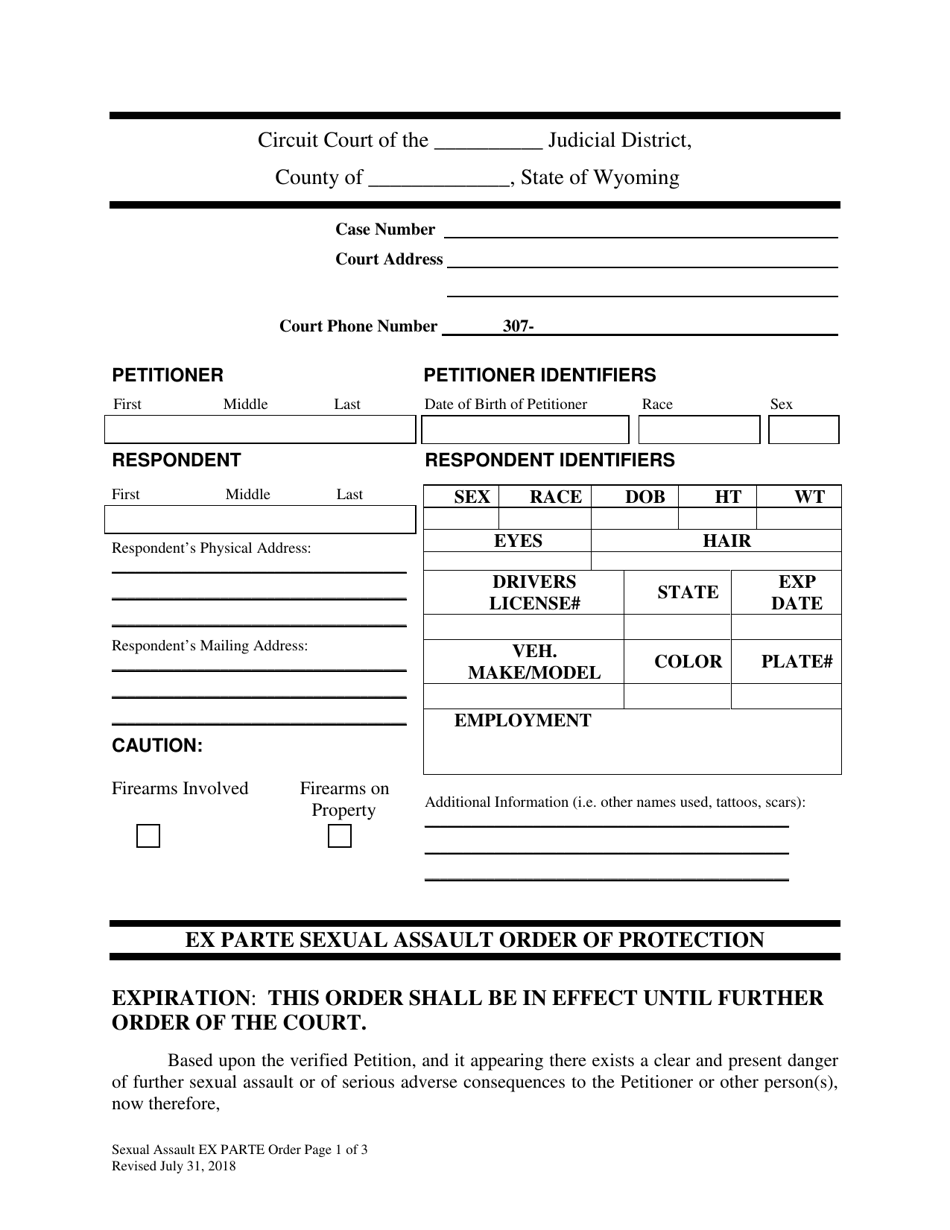 Wyoming Ex Parte Sexual Assault Order of Protection Fill Out, Sign