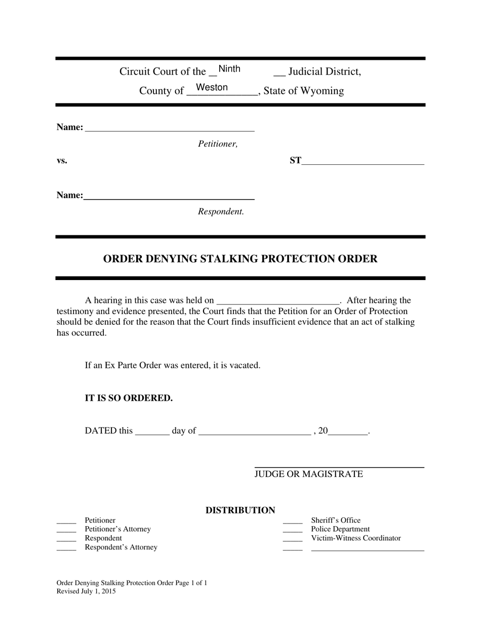 Order Denying Stalking Protection Order - Wyoming, Page 1