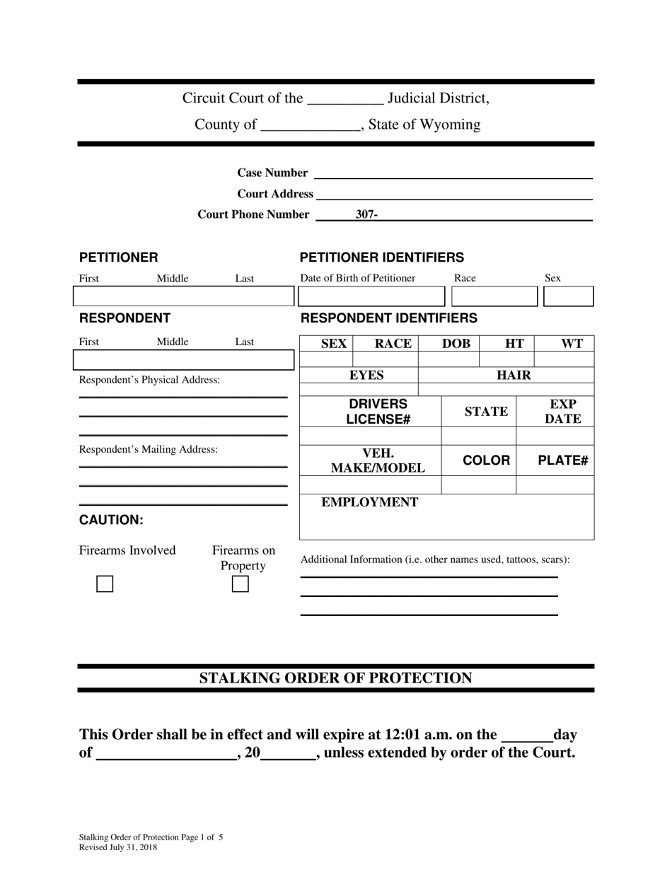 Wyoming Stalking Order of Protection Fill Out, Sign Online and