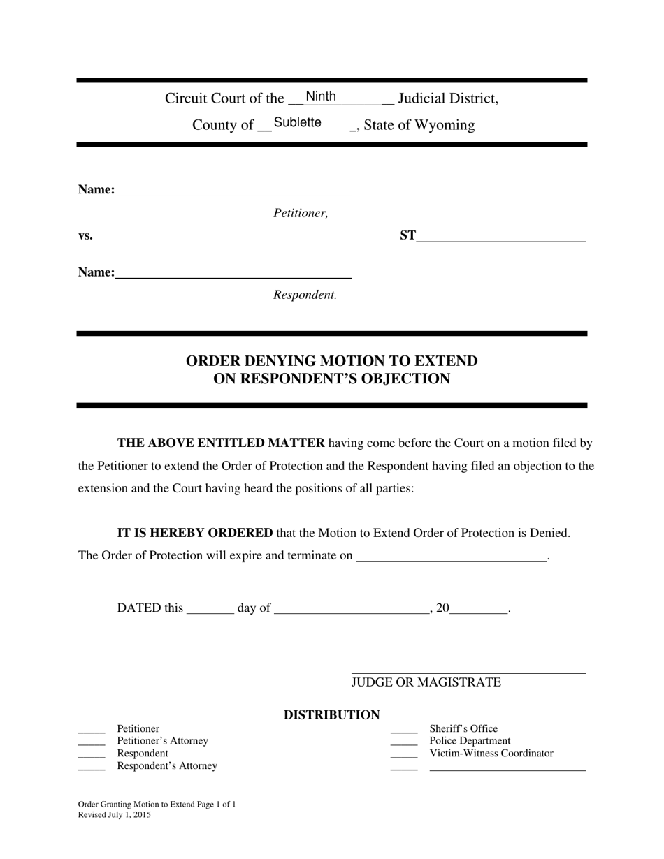 Order Denying Motion to Extend Stalking Order of Protection - Respondent Objection - Wyoming, Page 1