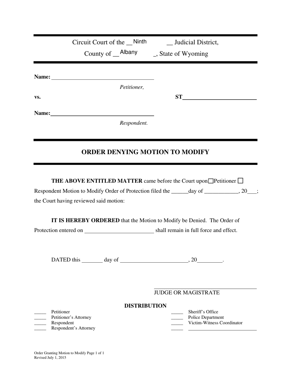 Order Denying Motion to Modify Stalking Order of Protection - Wyoming, Page 1