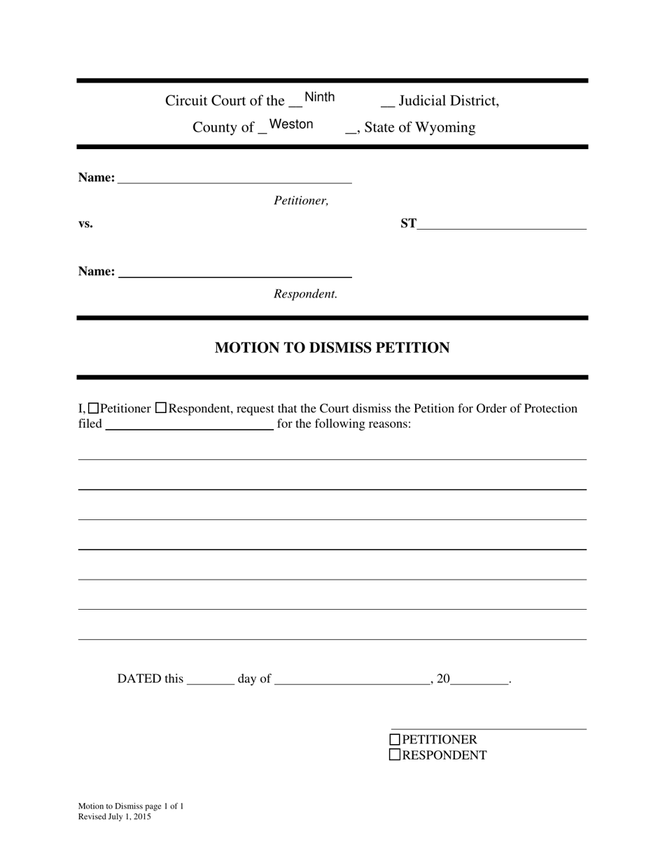 Wyoming Motion to Dismiss Petition - Fill Out, Sign Online and Download ...