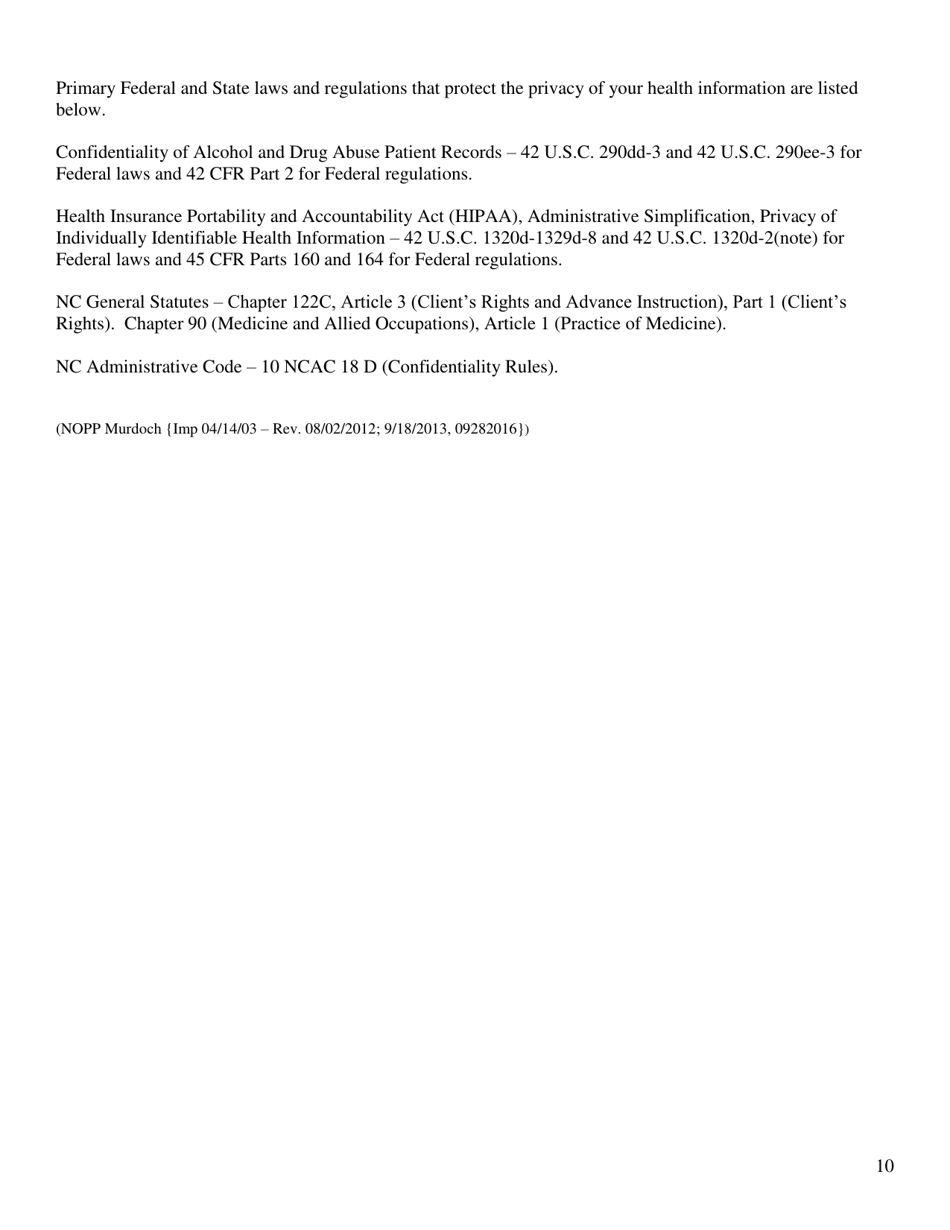 Notice of Privacy Practices of Murdoch Developmental Center - North Carolina, Page 10