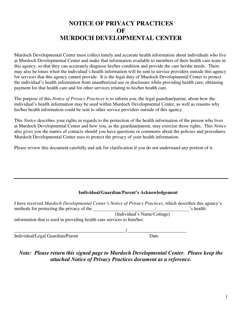Notice of Privacy Practices of Murdoch Developmental Center - North Carolina, Page 1