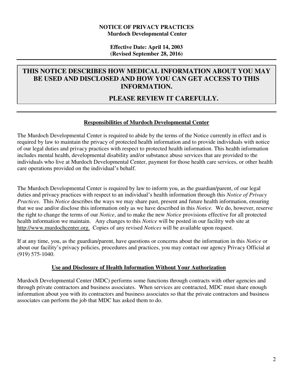 Notice of Privacy Practices of Murdoch Developmental Center - North Carolina, Page 2