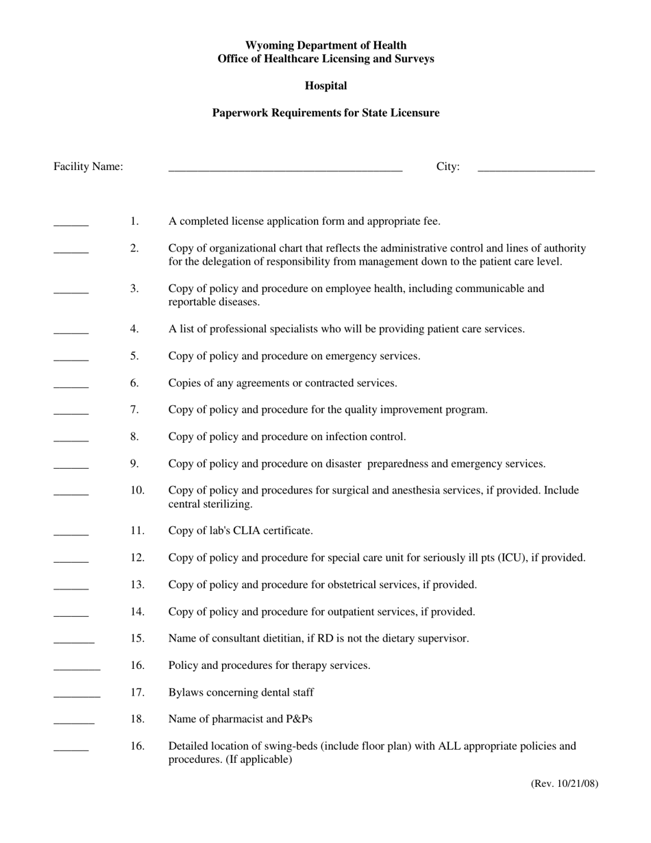 Hospital Paperwork Requirements for State Licensure - Wyoming, Page 1