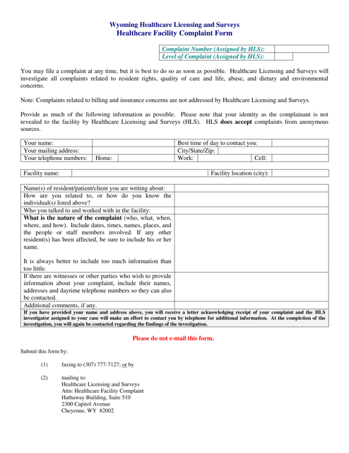 Healthcare Facility Complaint Form - Wyoming Download Pdf