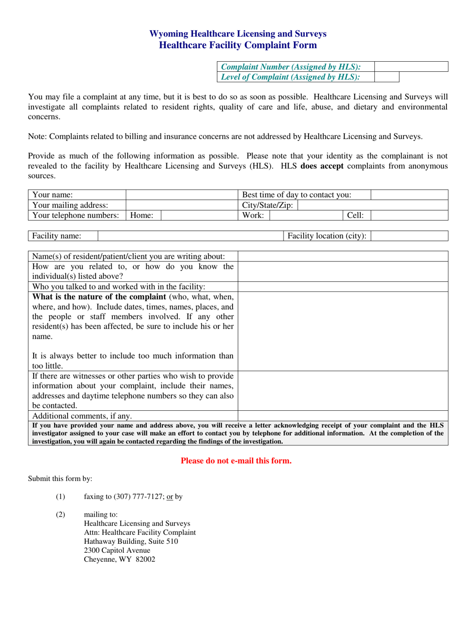 Healthcare Facility Complaint Form - Wyoming, Page 1