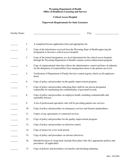 Critical Access Hospital Paperwork Requirements for State Licensure - Wyoming Download Pdf
