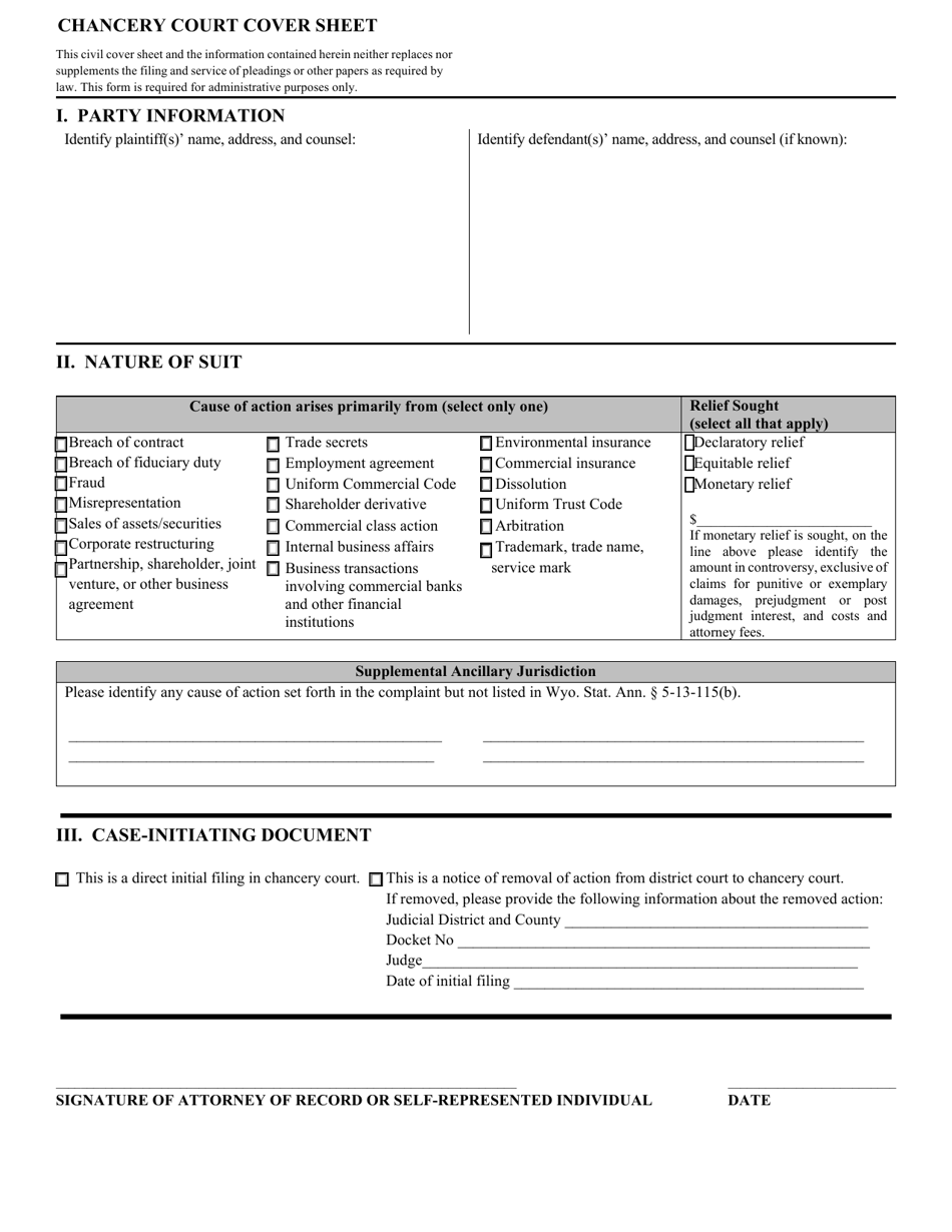 Chancery Court Cover Sheet - Wyoming, Page 1