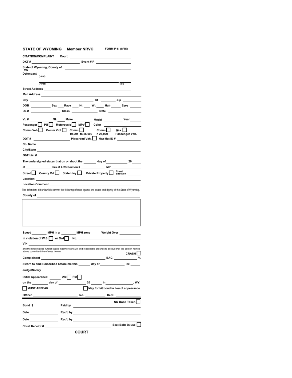 Form P-6 Court E-Citation - Wyoming, Page 1