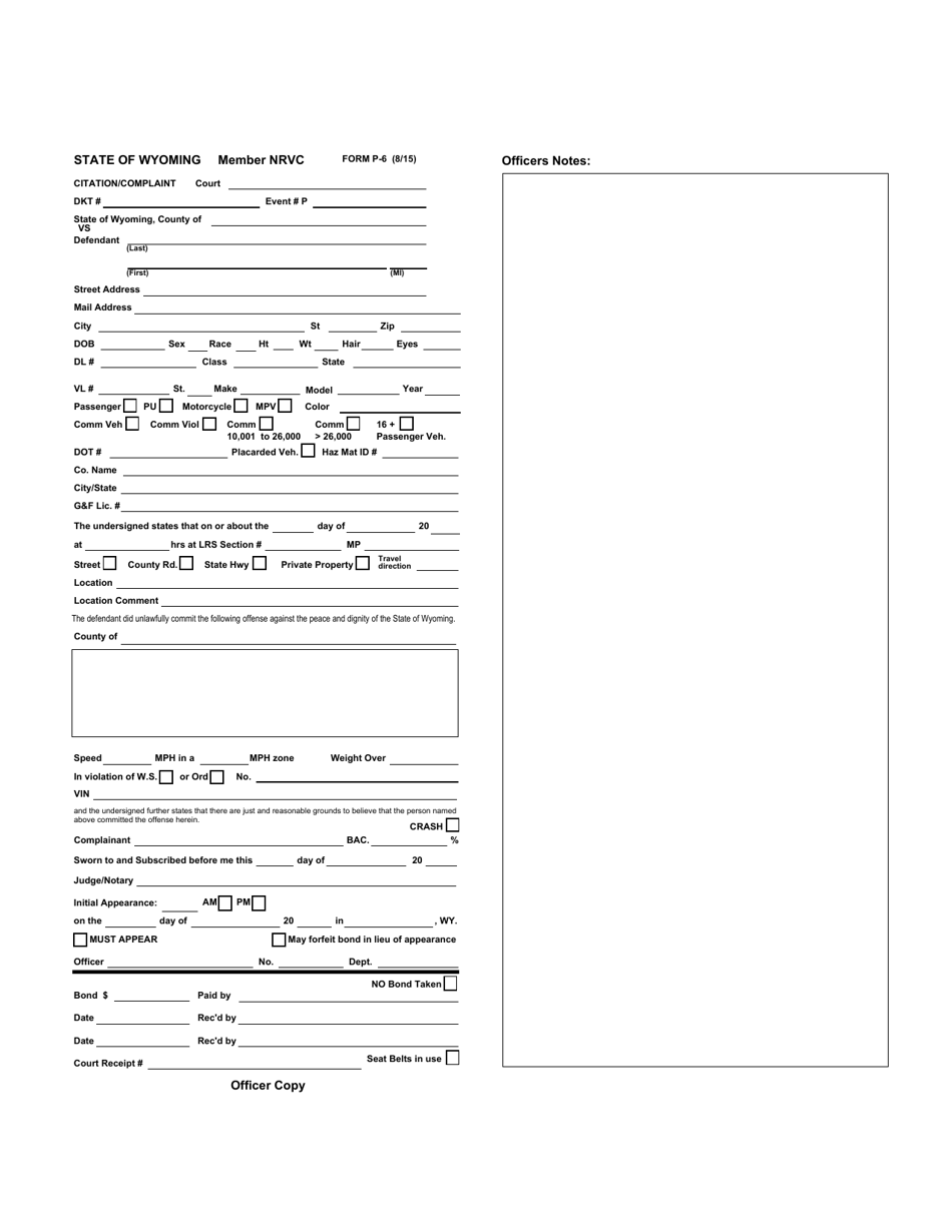 Form P-6 Officer E-Citation - Wyoming, Page 1