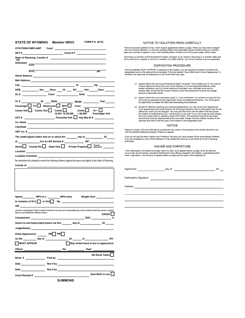 Form P-6 Defendant E-Citation - Wyoming, Page 1