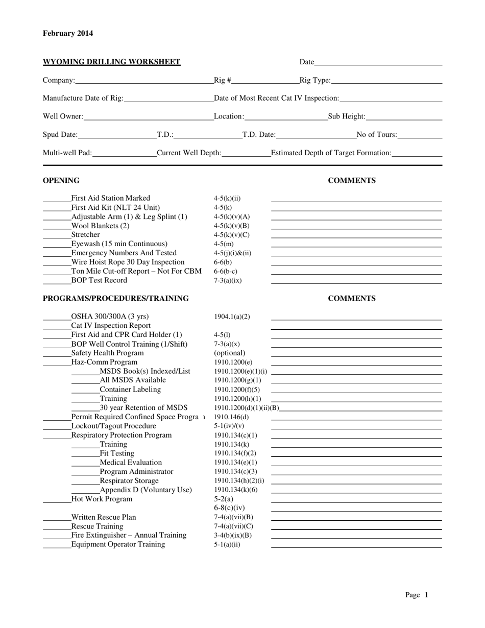 Wyoming Drilling Worksheet - Wyoming, Page 1