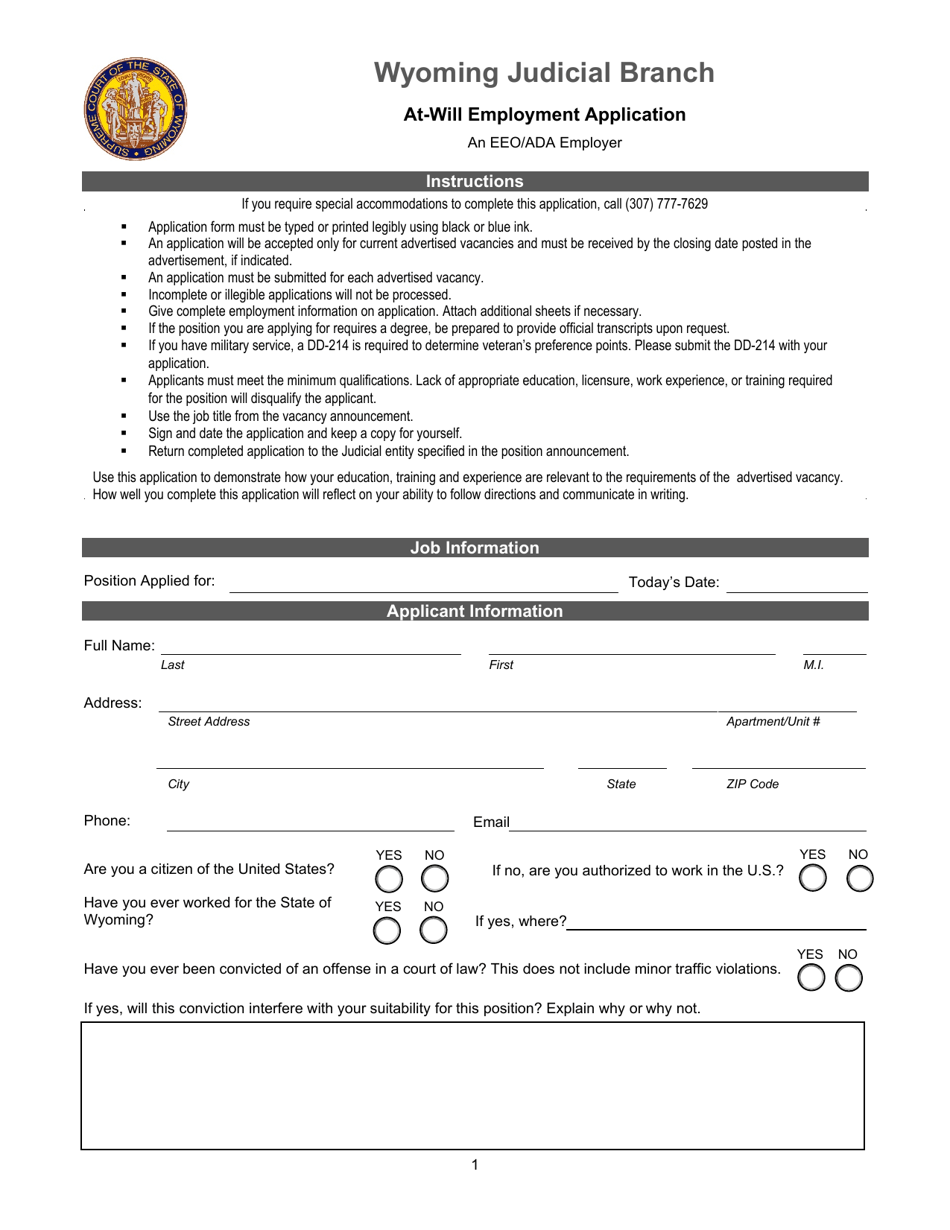 At-Will Employment Application - Wyoming, Page 1