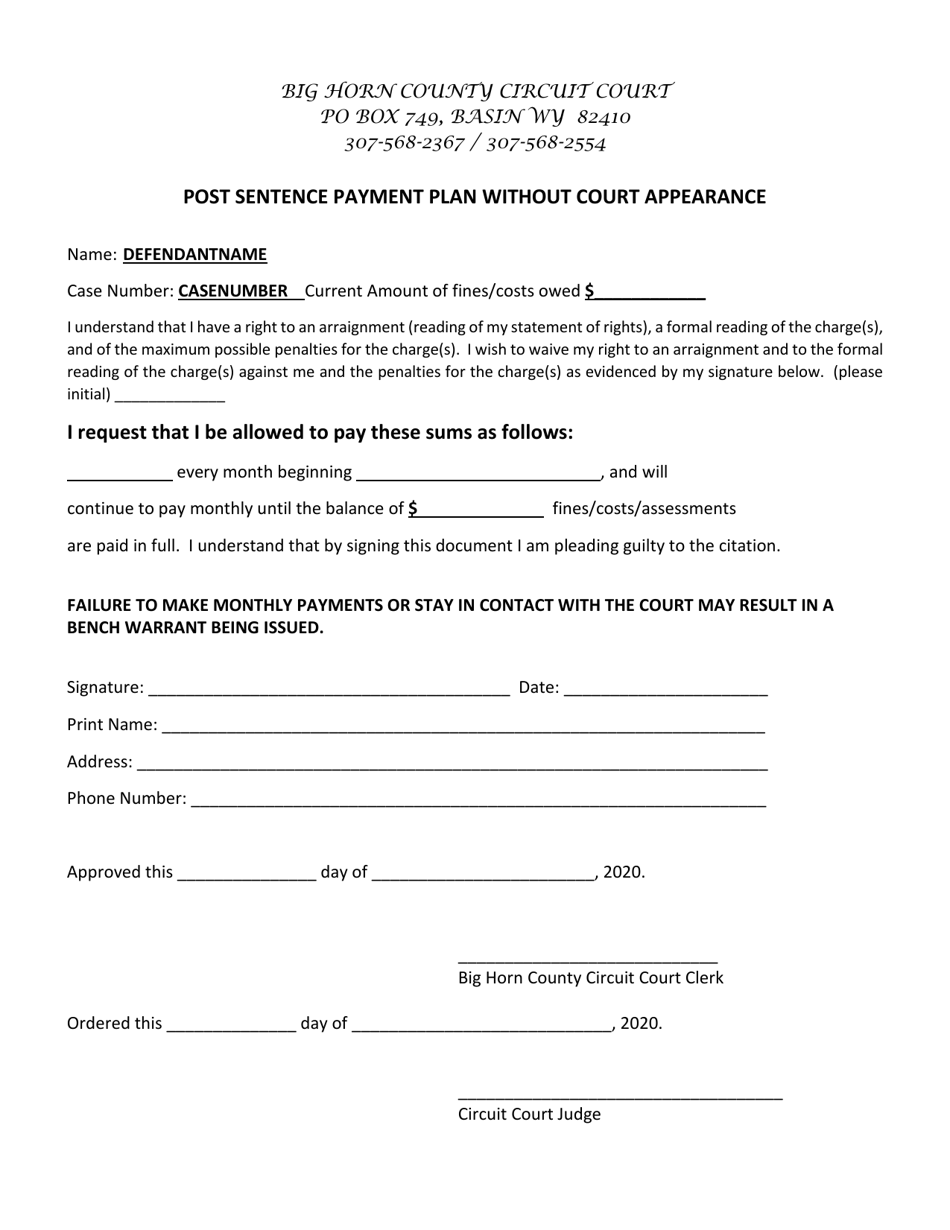 Post Sentence Payment Plan Without Court Appearance - Big Horn County, Wyoming, Page 1