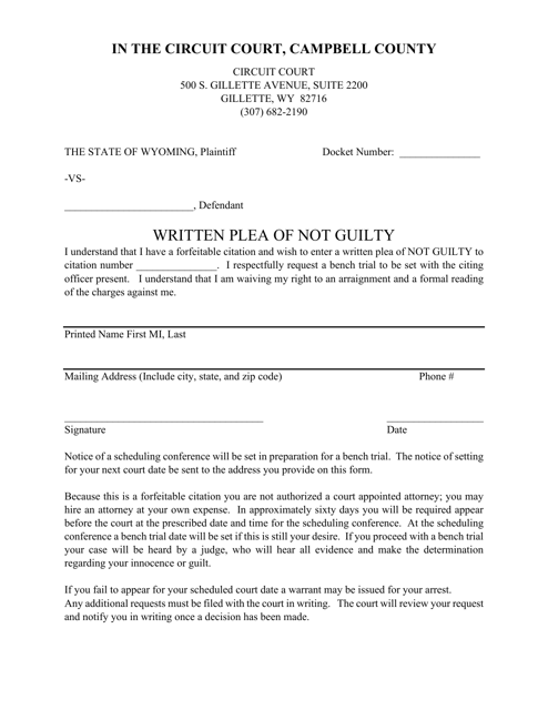 Written Plea of Not Guilty - Campbell County, Wyoming Download Pdf