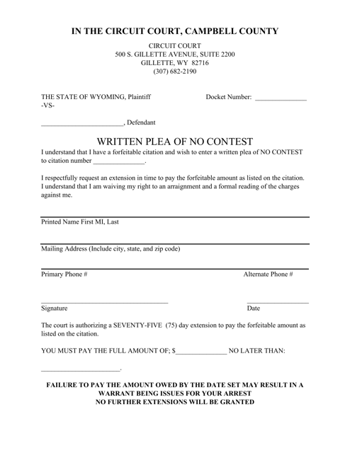 Written Plea of No Contest - Campbell County, Wyoming Download Pdf