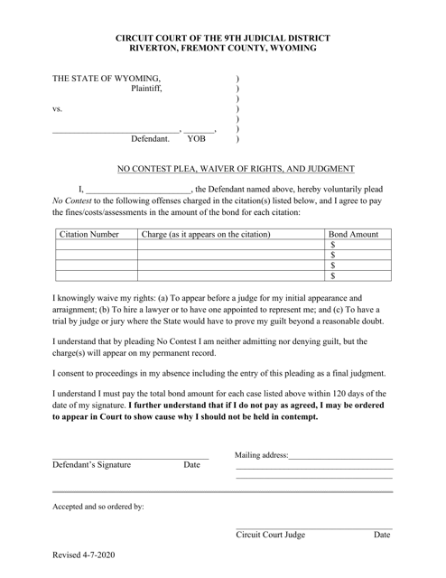 No Contest Plea, Waiver of Rights, and Judgment - Fremont County, Wyoming Download Pdf