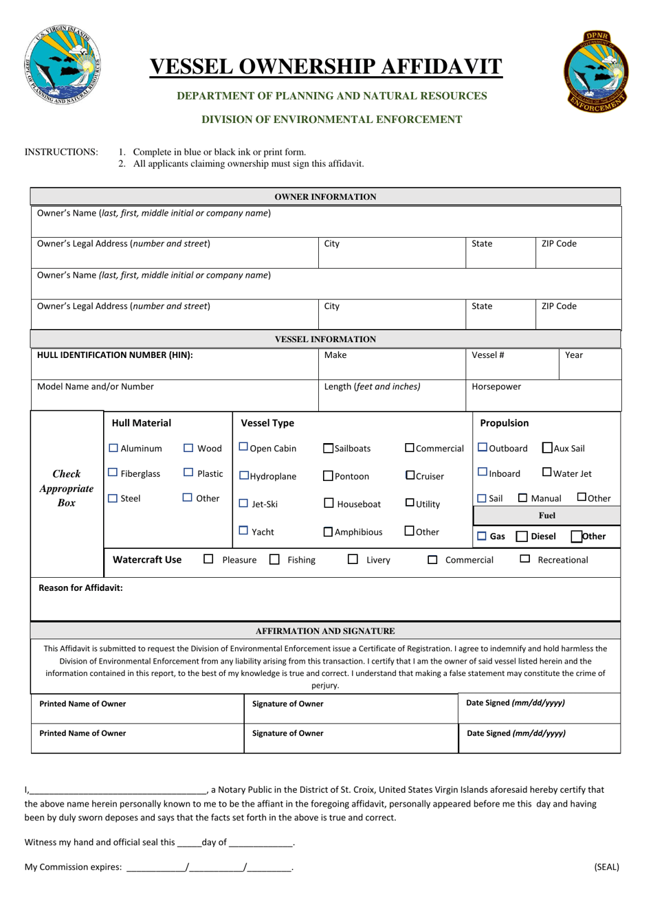 Vessel Ownership Affidavit - District of St. Croix - Virgin Islands, Page 1