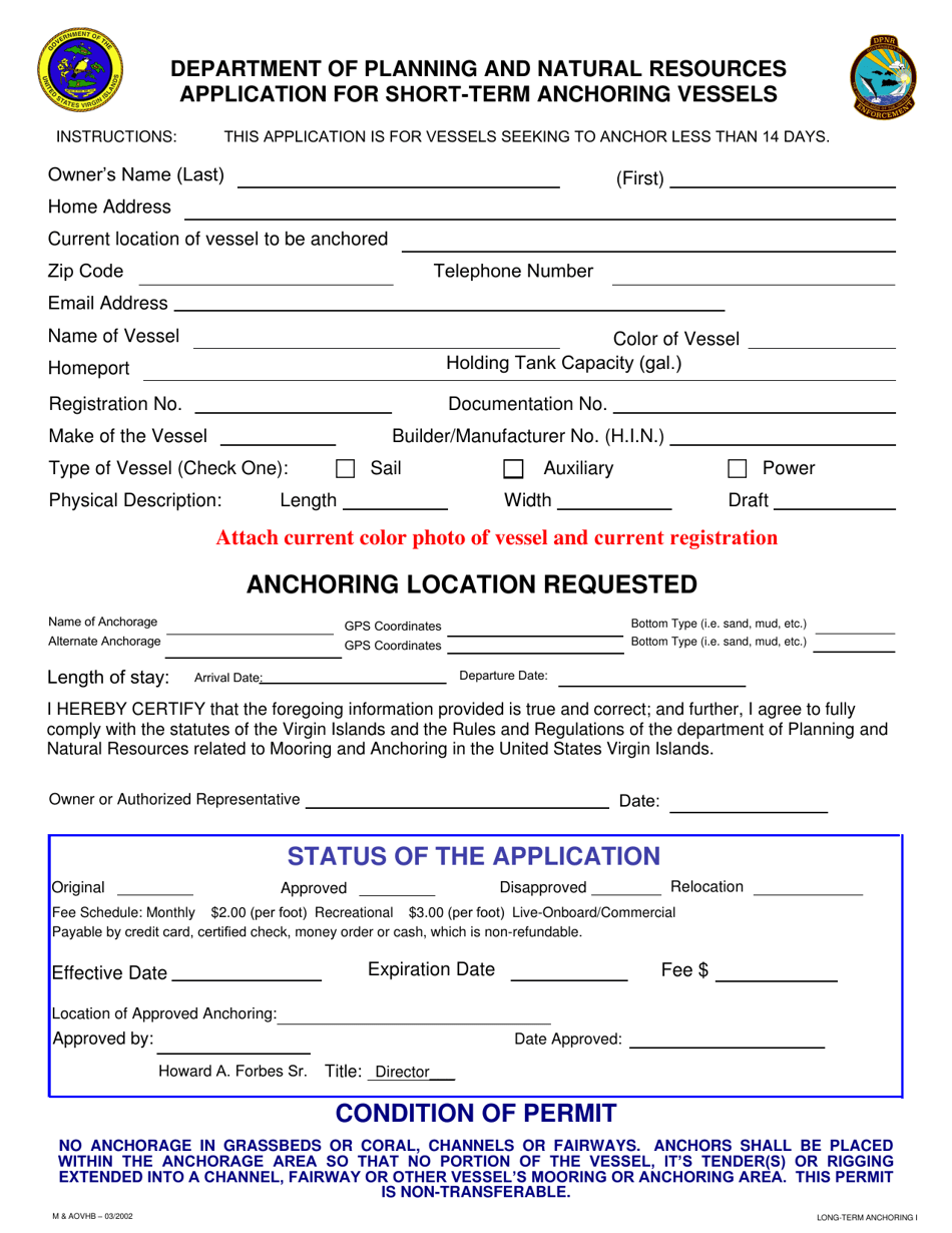 Application for Short-Term Anchoring Vessels - Virgin Islands, Page 1