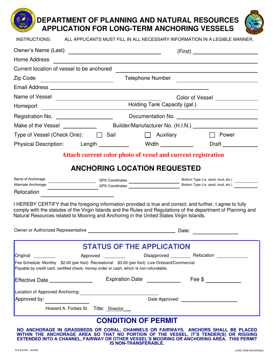 Application for Long-Term Anchoring Vessels - Virgin Islands, Page 1
