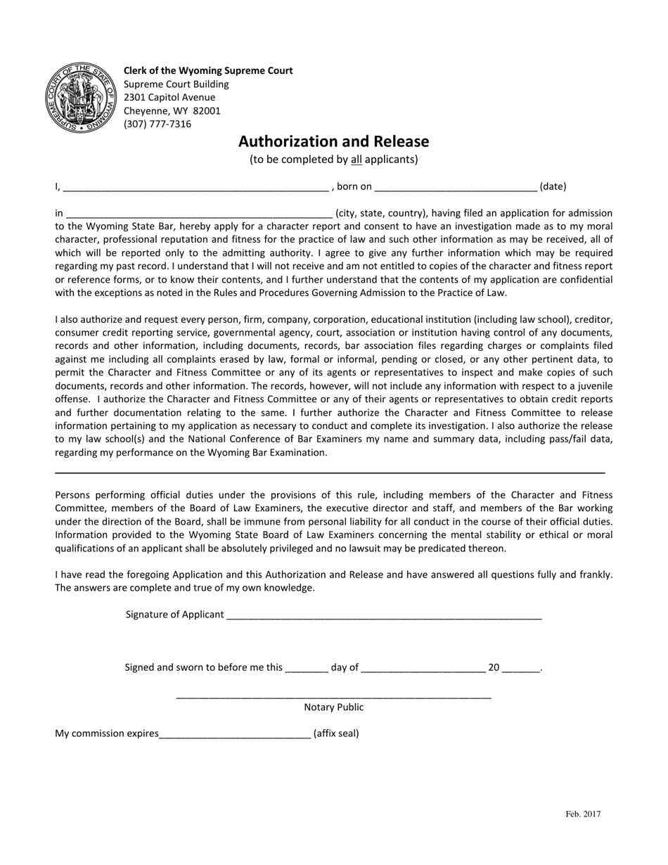 Authorization and Release - Wyoming, Page 1