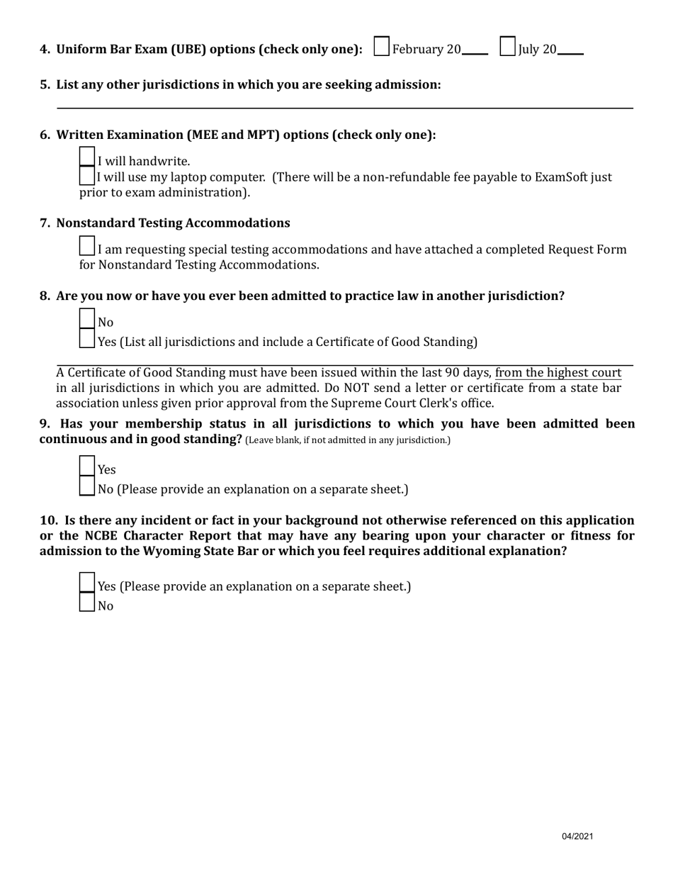 Petition and Application for Admission to the Wyoming State Bar by Examination - Wyoming, Page 2