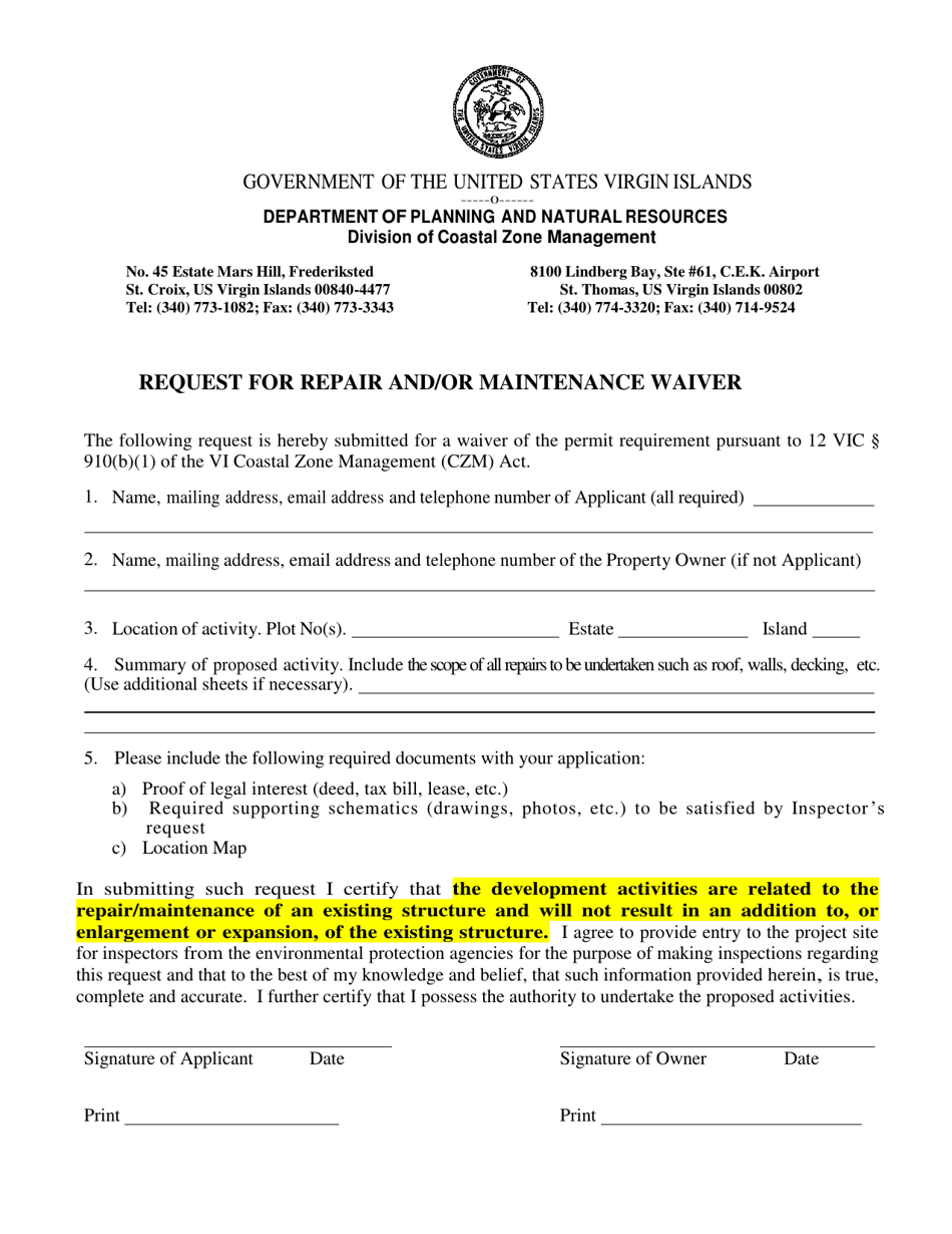Request for Repair and / or Maintenance Waiver - Virgin Islands, Page 1